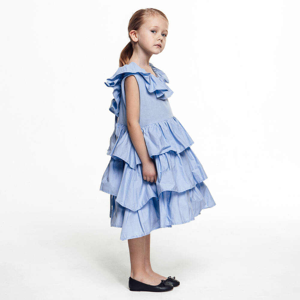 The Tiny Universe-Girls Blue Ruffle Cotton Dress | Childrensalon Outlet