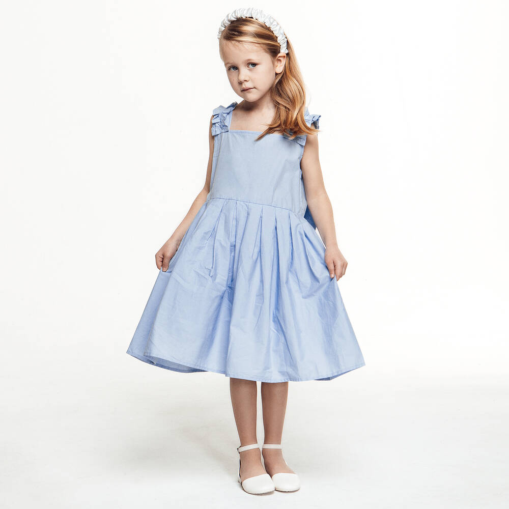 The Tiny Universe-Girls Blue Ruffle Poplin Dress | Childrensalon Outlet
