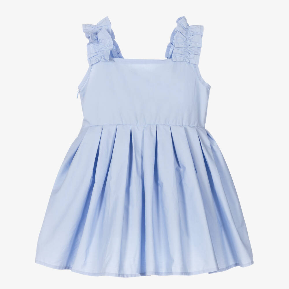 The Tiny Universe - Girls Blue Ruffle Poplin Dress | Childrensalon