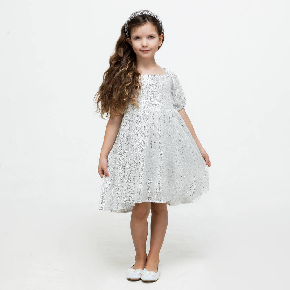 The Tiny Universe-فستان بفيونكة تول وترتر لون فضي | Childrensalon Outlet