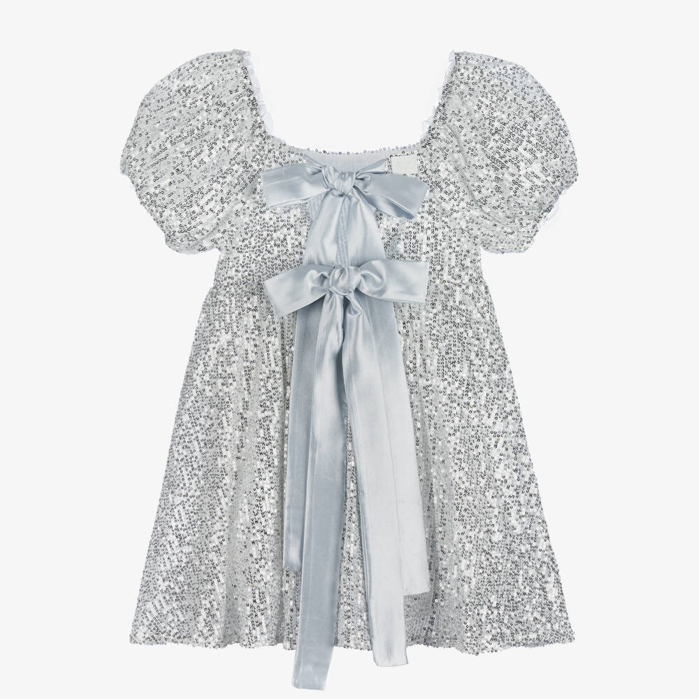 The Tiny Universe-فستان بفيونكة تول وترتر لون فضي | Childrensalon Outlet