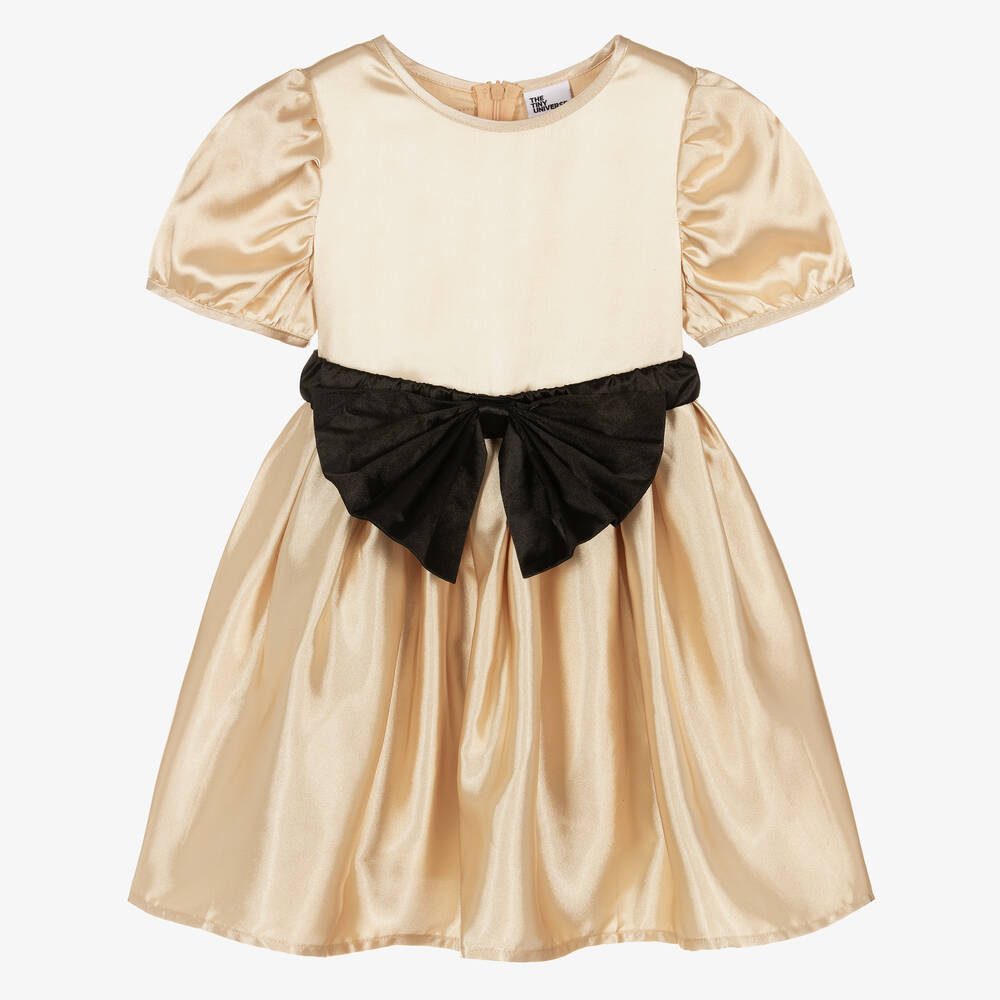 The Tiny Universe - Girls Gold Satin Bow Dress | Childrensalon