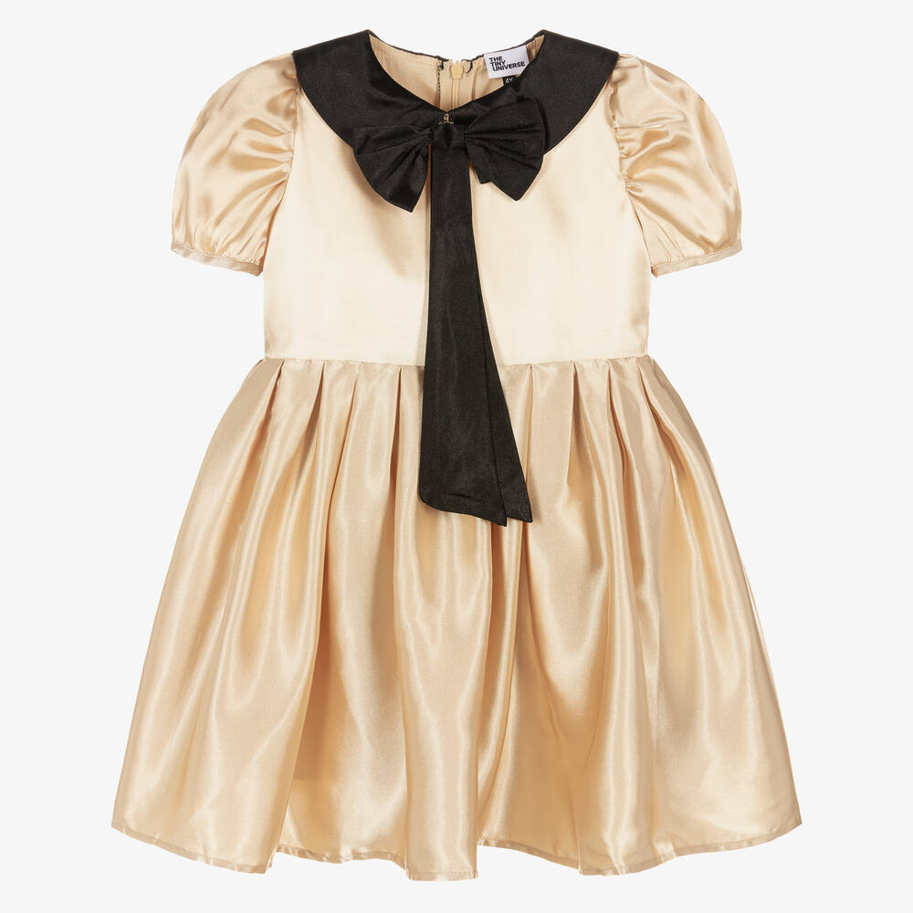 The Tiny Universe - Girls Gold Satin Dress | Childrensalon