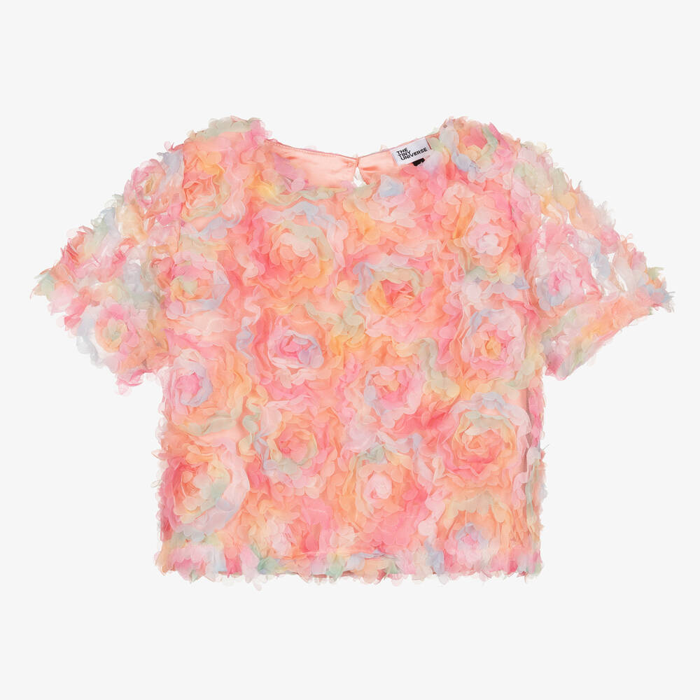 The Tiny Universe - Girls Pink Floral Tulle Blouse | Childrensalon