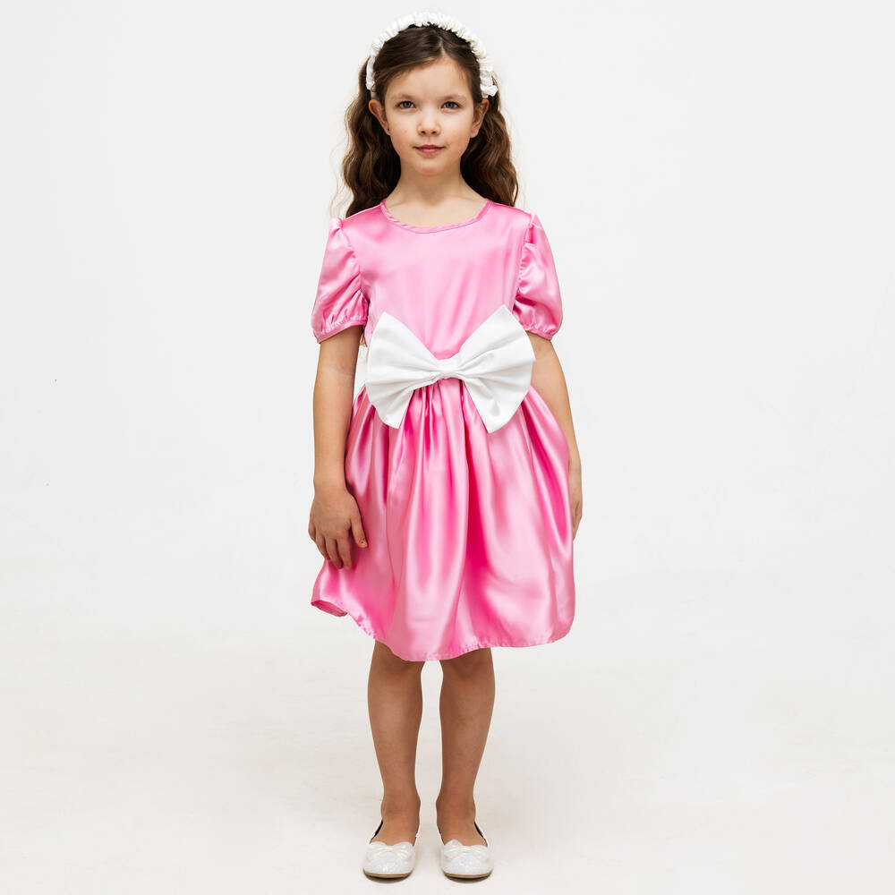 The Tiny Universe-فستان ساتان لون زهري مع حزام مزين بفيونكة | Childrensalon Outlet