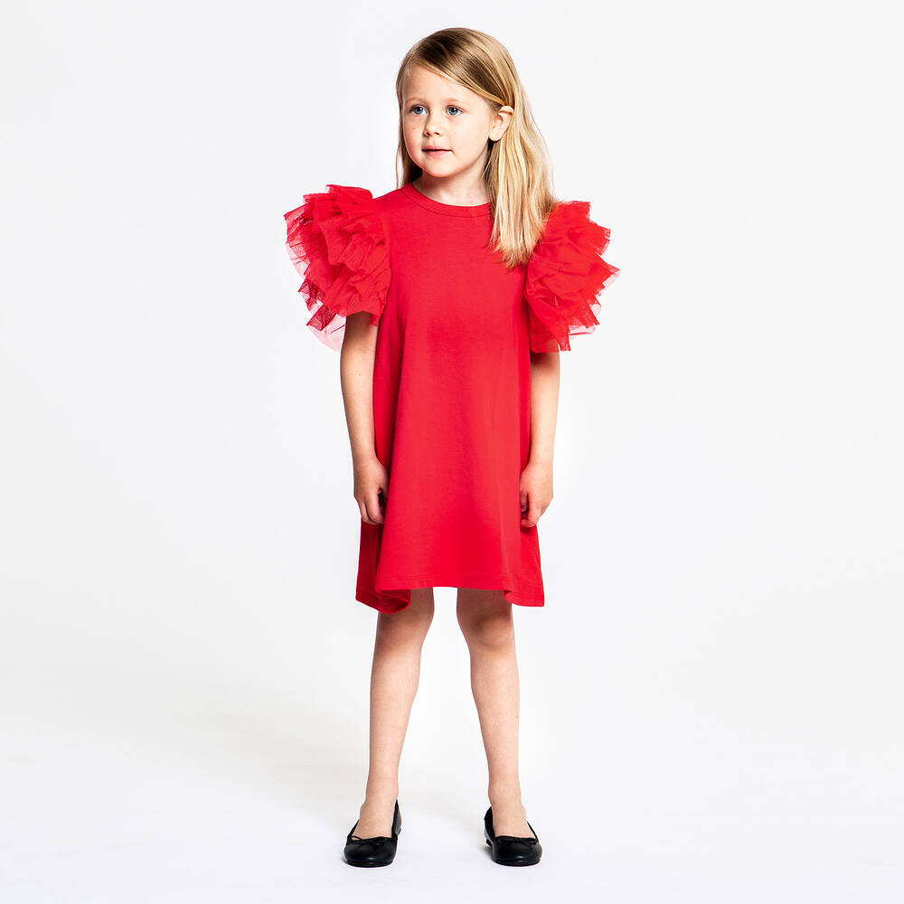 The Tiny Universe-Girls Red Cotton Jersey Ruffle Dress | Childrensalon Outlet