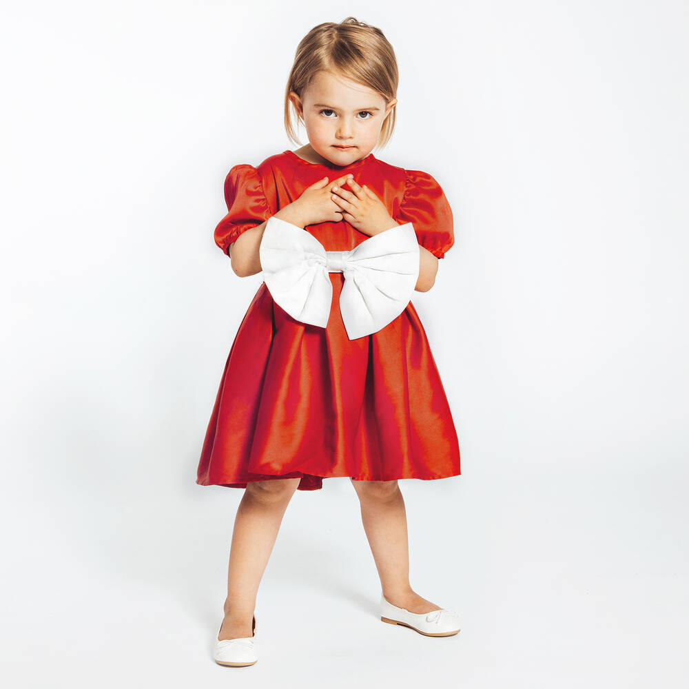 The Tiny Universe - Girls Red Satin Bow Dress | Childrensalon Outlet