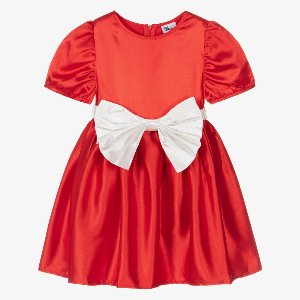 The Tiny Universe - Красное атласное платье с бантом для девочек | Childrensalon