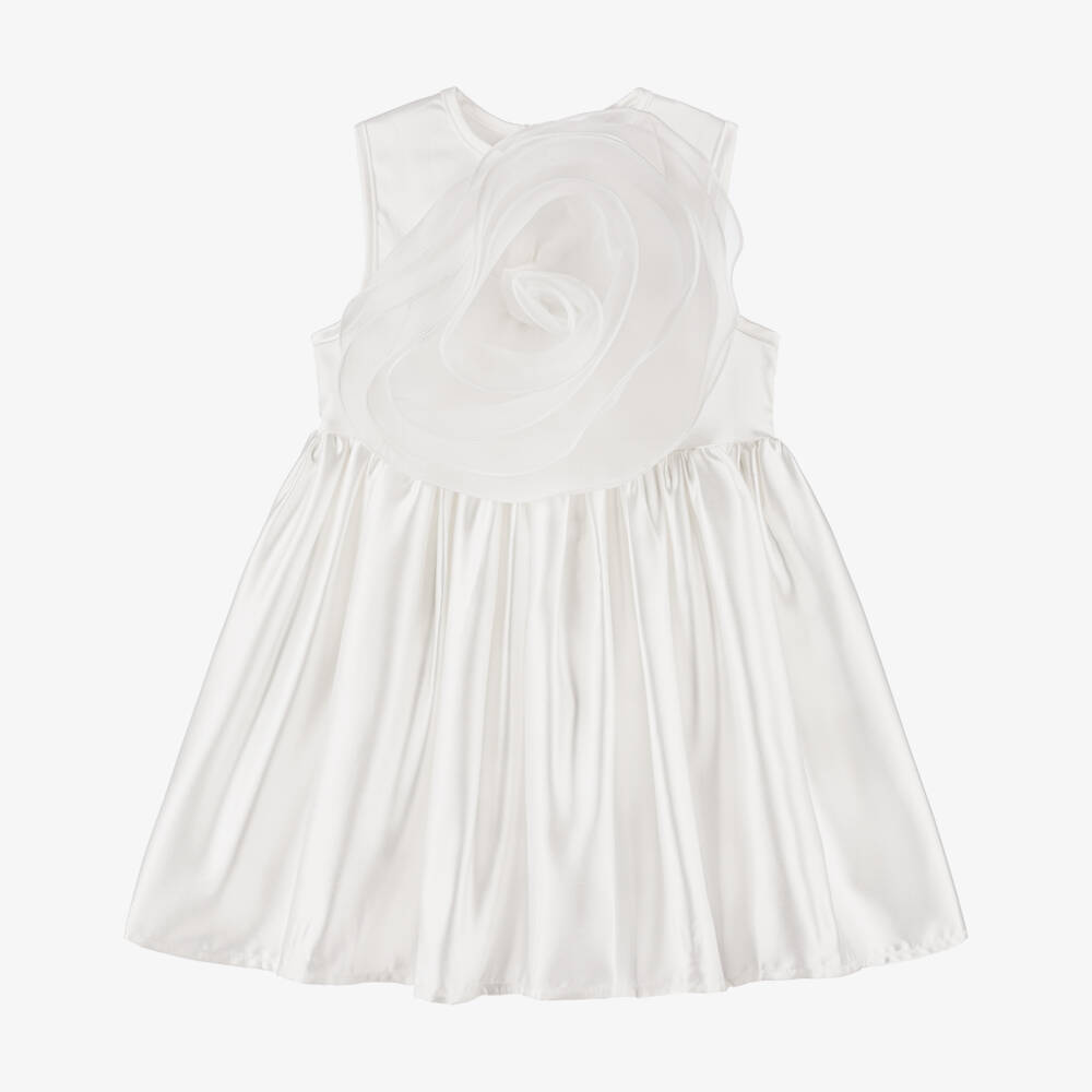 The Tiny Universe-Girls Satin Dress with Organza Bloom | Childrensalon Outlet