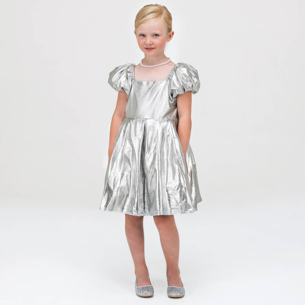 The Tiny Universe-Серебристое атласное платье для девочек с блеском | Childrensalon Outlet
