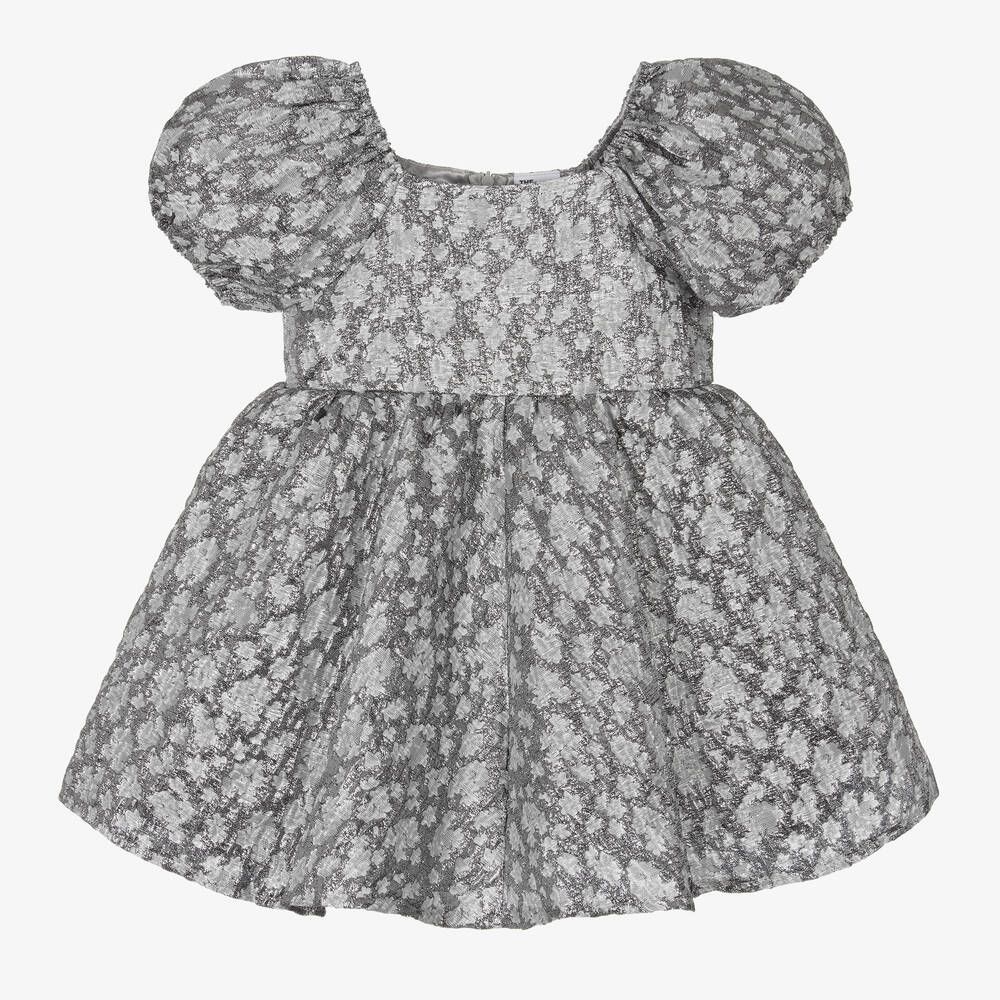 The Tiny Universe - Girls Silver Floral Jacquard Dress | Childrensalon