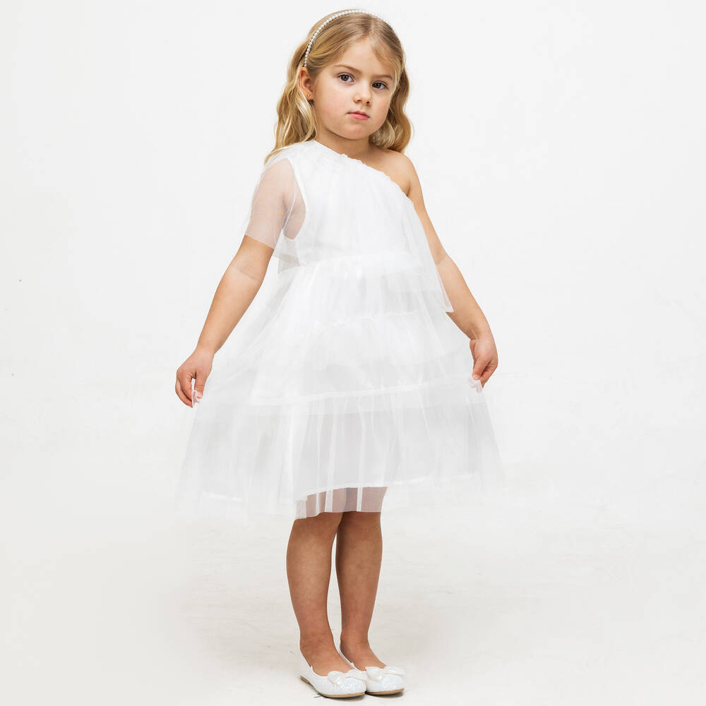 The Tiny Universe-Girls White Asymmetric Tulle Dress | Childrensalon Outlet