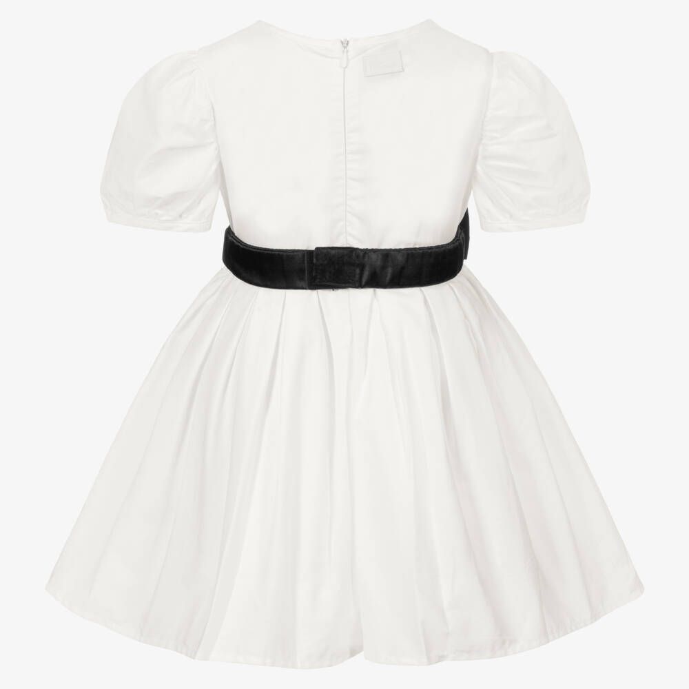 The Tiny Universe-Girls White Cotton & Black Bow Dress | Childrensalon Outlet