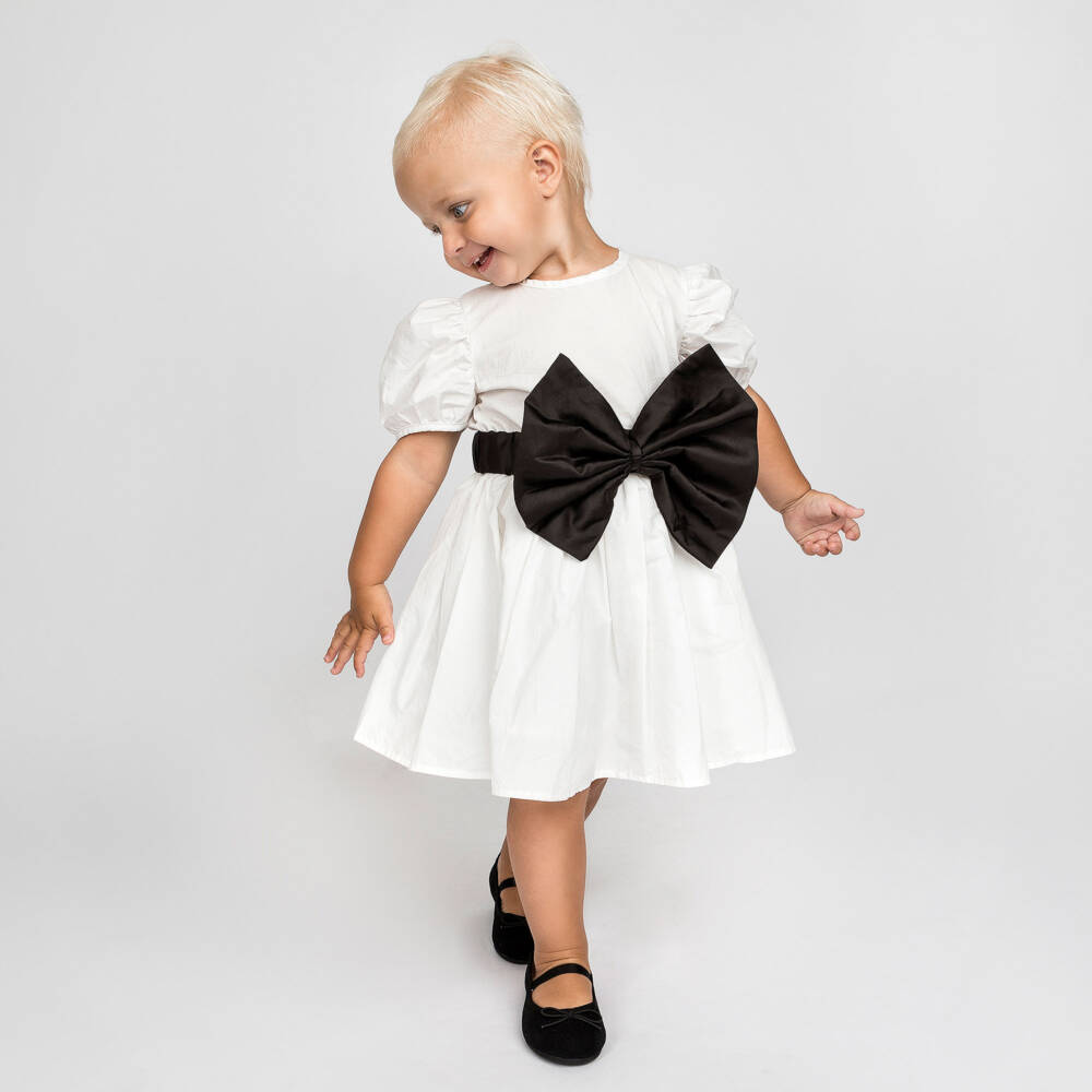 The Tiny Universe-Girls White Cotton & Black Bow Dress | Childrensalon Outlet