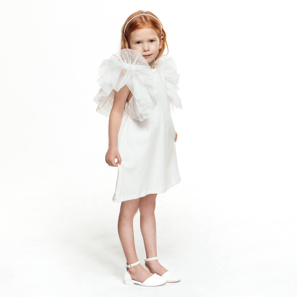 The Tiny Universe-Girls White Cotton Dress With Ruffle Sleeves | Childrensalon Outlet