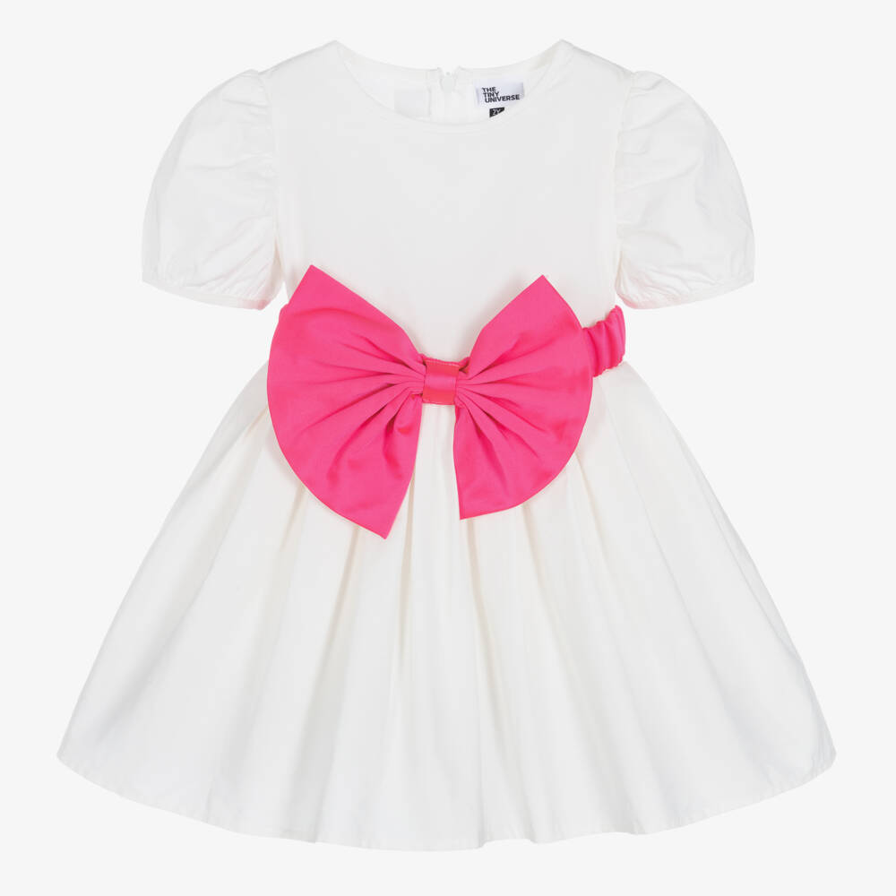 The Tiny Universe-Girls White Cotton & Pink Bow Dress | Childrensalon Outlet