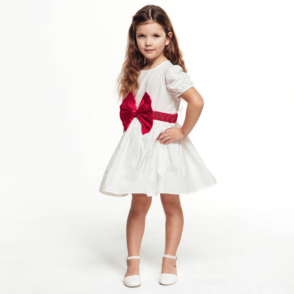 The Tiny Universe Girls White Cotton Red Bow Dress Childrensalon Outlet