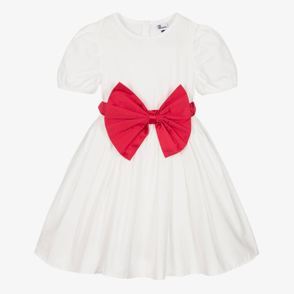 The Tiny Universe-Girls White Cotton & Red Bow Dress | Childrensalon Outlet