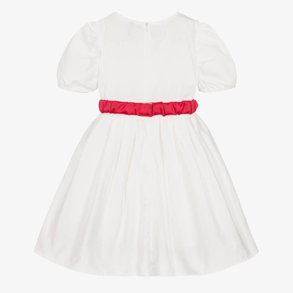 The Tiny Universe-Girls White Cotton & Red Bow Dress | Childrensalon Outlet