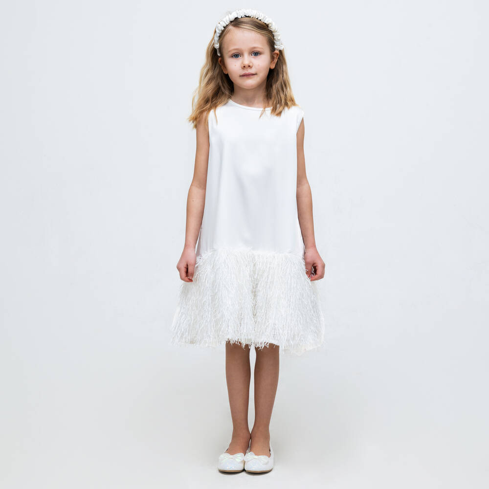 The Tiny Universe-Girls White Fluffy Satin Dress | Childrensalon Outlet