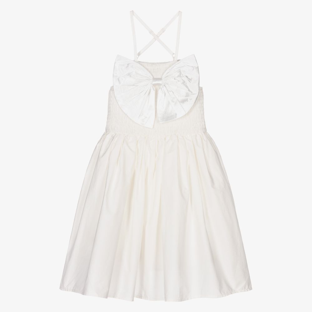 The Tiny Universe - Girls White Poplin Bow Dress | Childrensalon