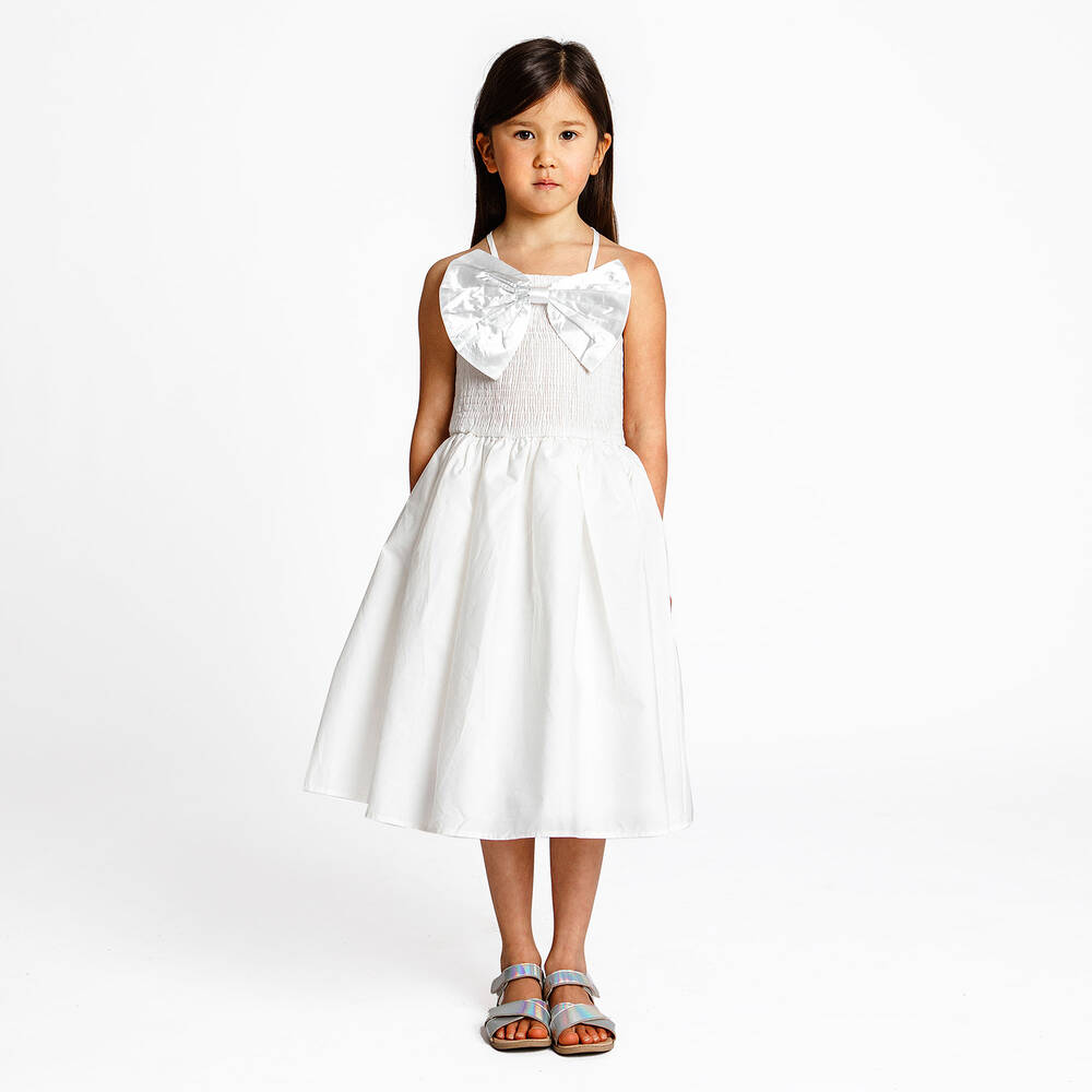 The Tiny Universe-فستان قطن بوبلين مزين بفيونكة لون أبيض | Childrensalon Outlet
