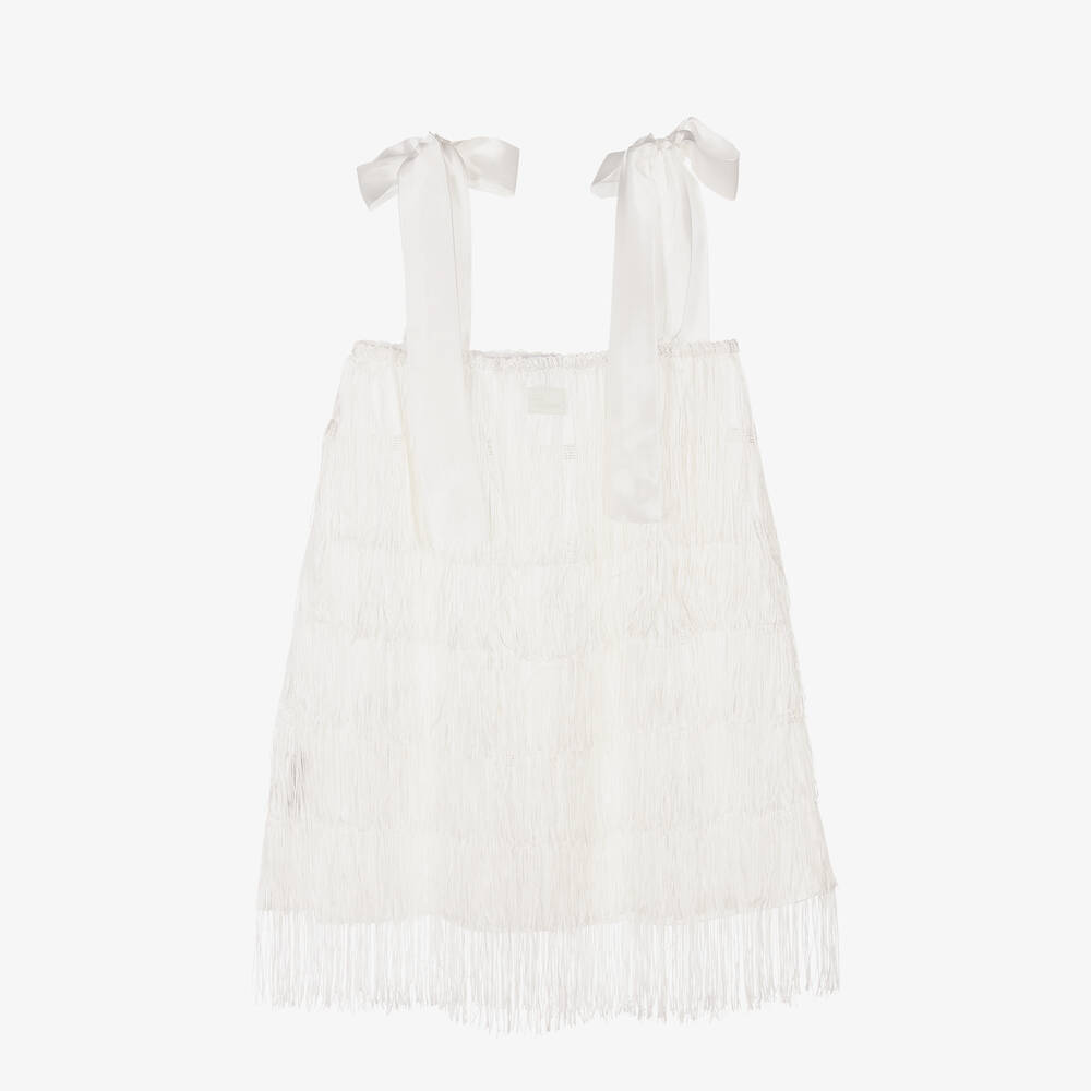 The Tiny Universe-Girls White Satin Fringed Dress | Childrensalon Outlet