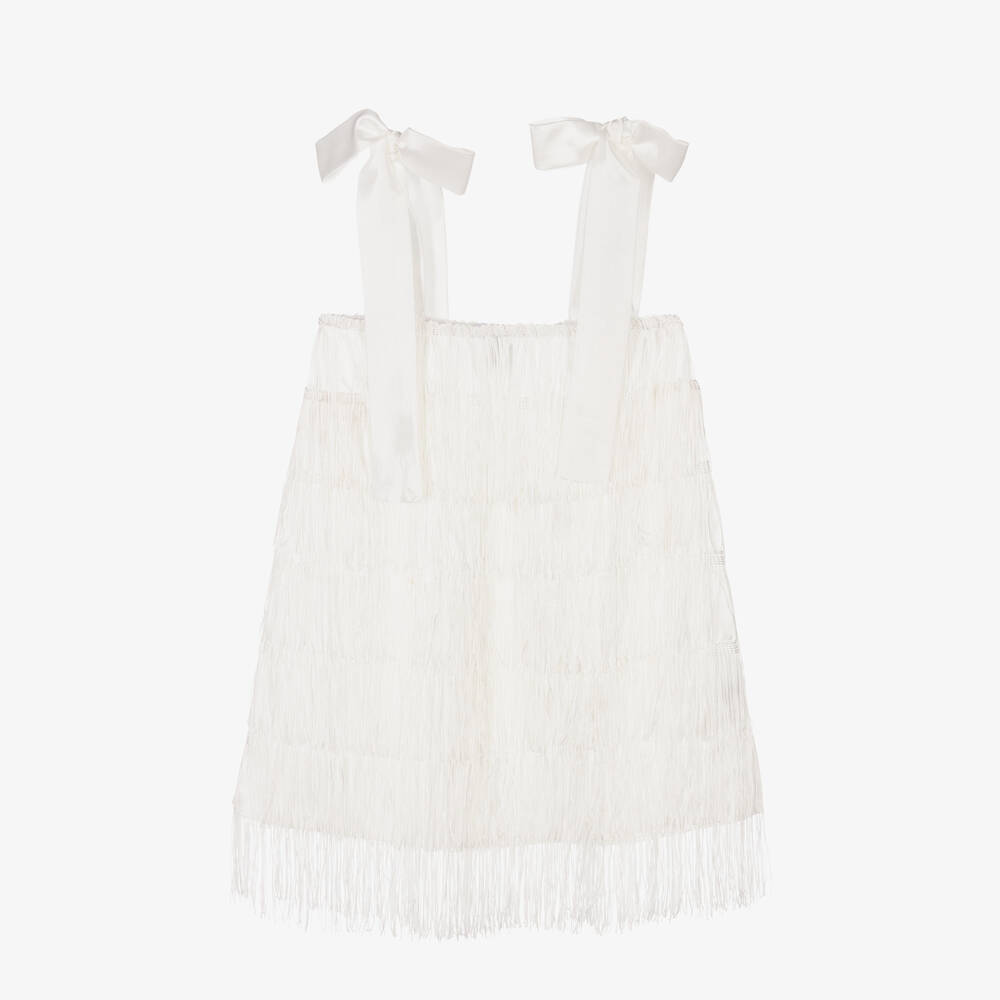 The Tiny Universe - Girls White Satin Fringed Dress | Childrensalon