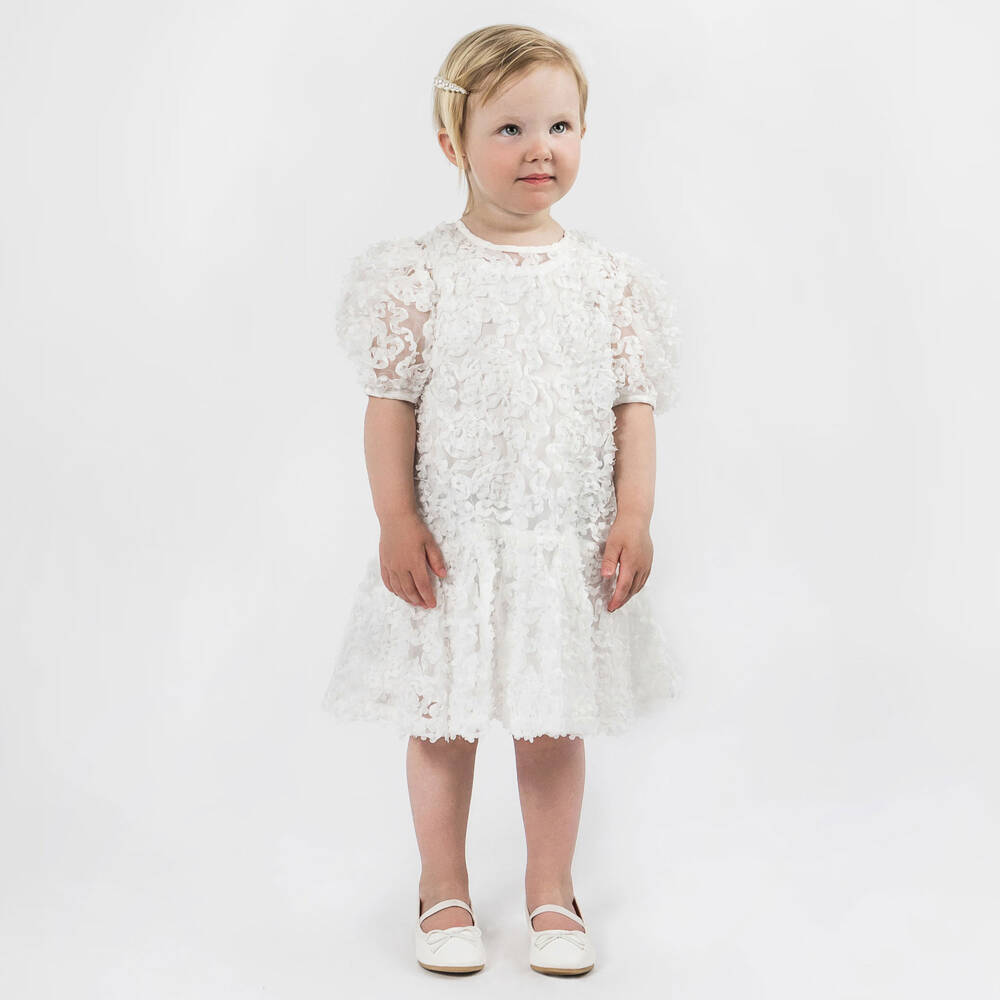 The Tiny Universe-Girls White Tulle Flower Dress With Short Sleeves | Childrensalon Outlet
