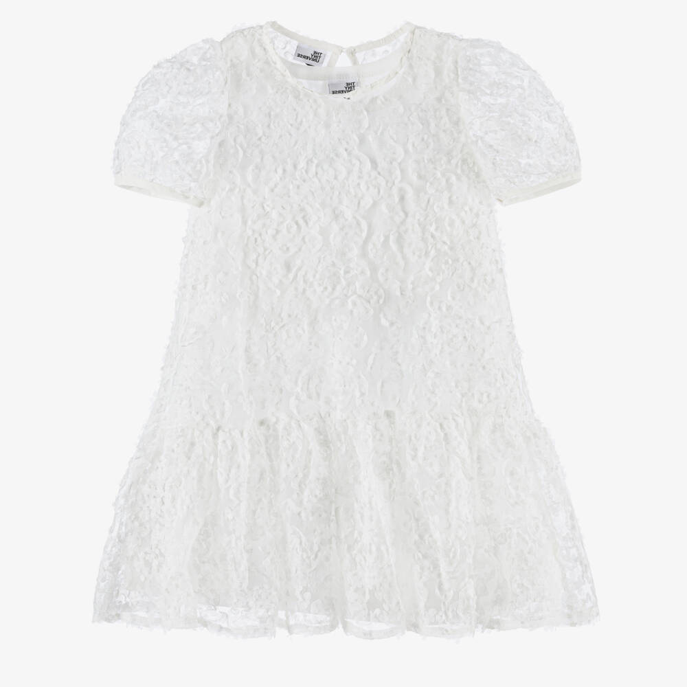 The Tiny Universe-Girls White Tulle Flower Dress With Short Sleeves | Childrensalon Outlet