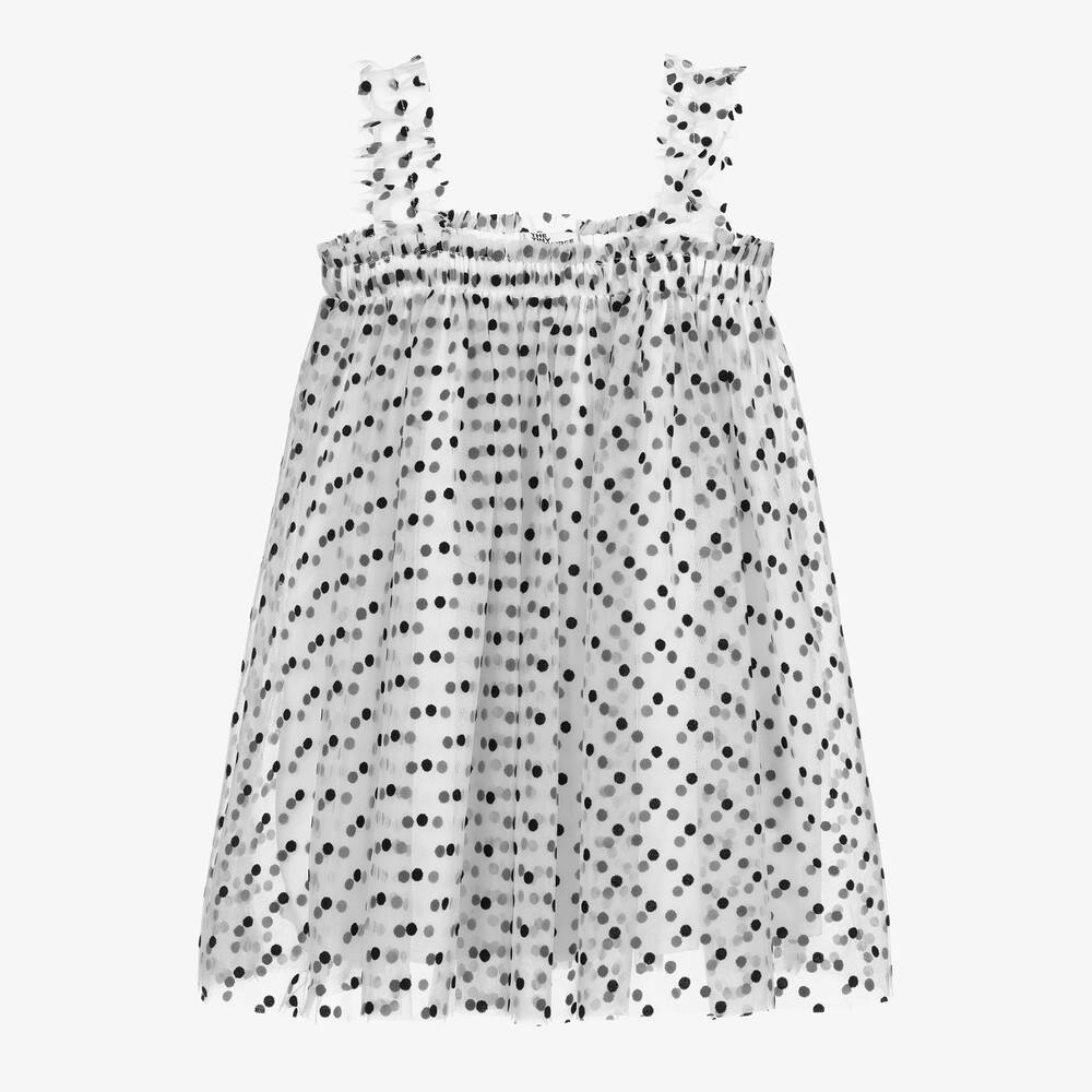 The Tiny Universe - White & Black Polka Dot Tulle Dress | Childrensalon