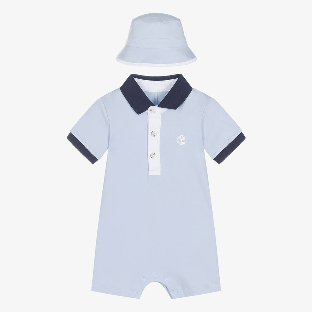 Timberland - طقم تبّان وقبعة قطن لون أزرق للمواليد | Childrensalon