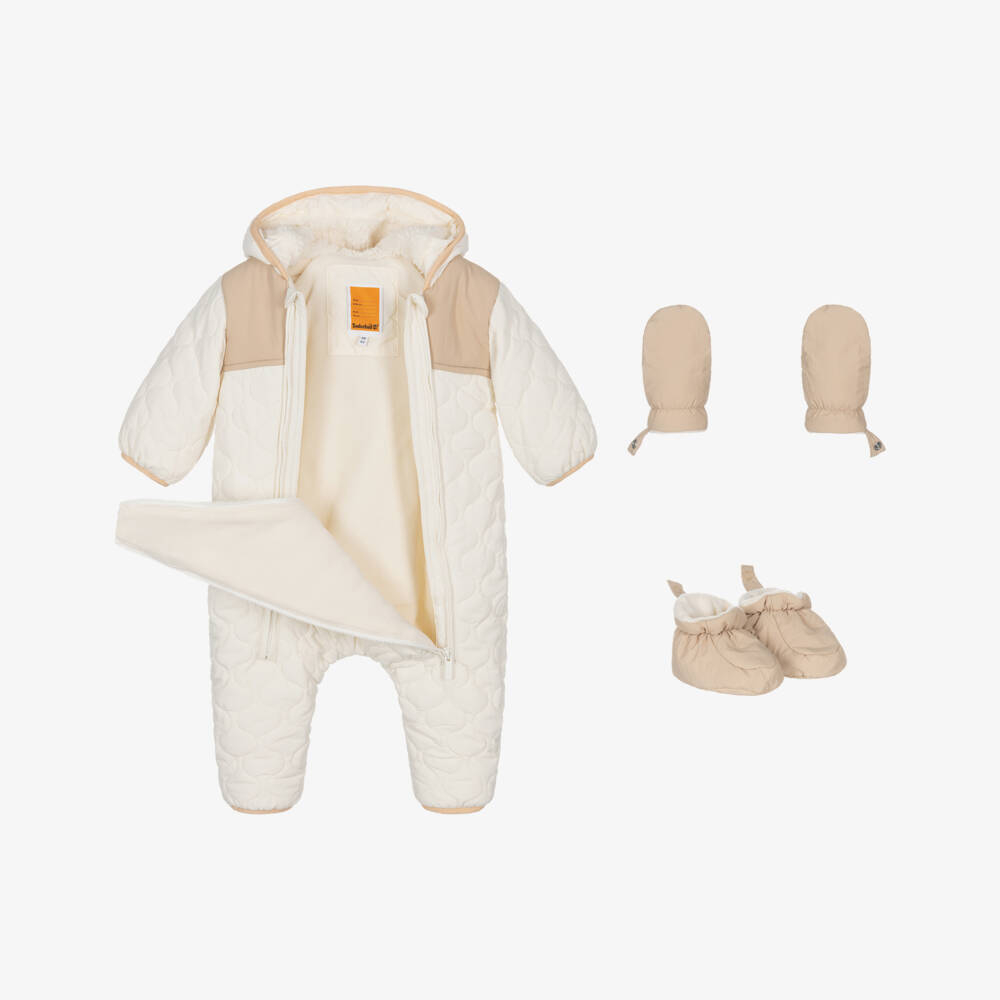 Timberland-Baby Boys Ivory Quilted Snowsuit with Cosy Fleece Lining | Childrensalon Outlet