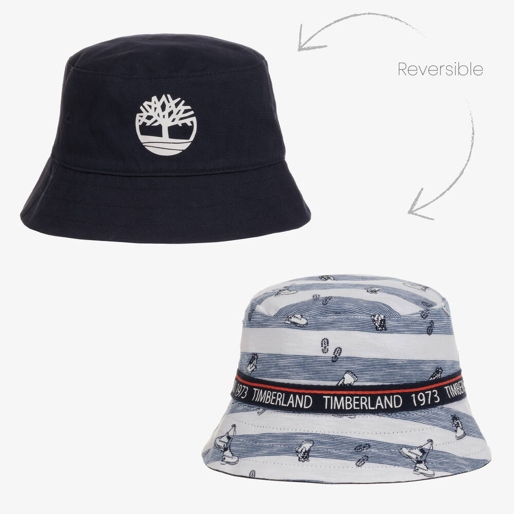 Timberland - قبعة بوجهين قطن تويل لون كحلي وأبيض للمواليد | Childrensalon
