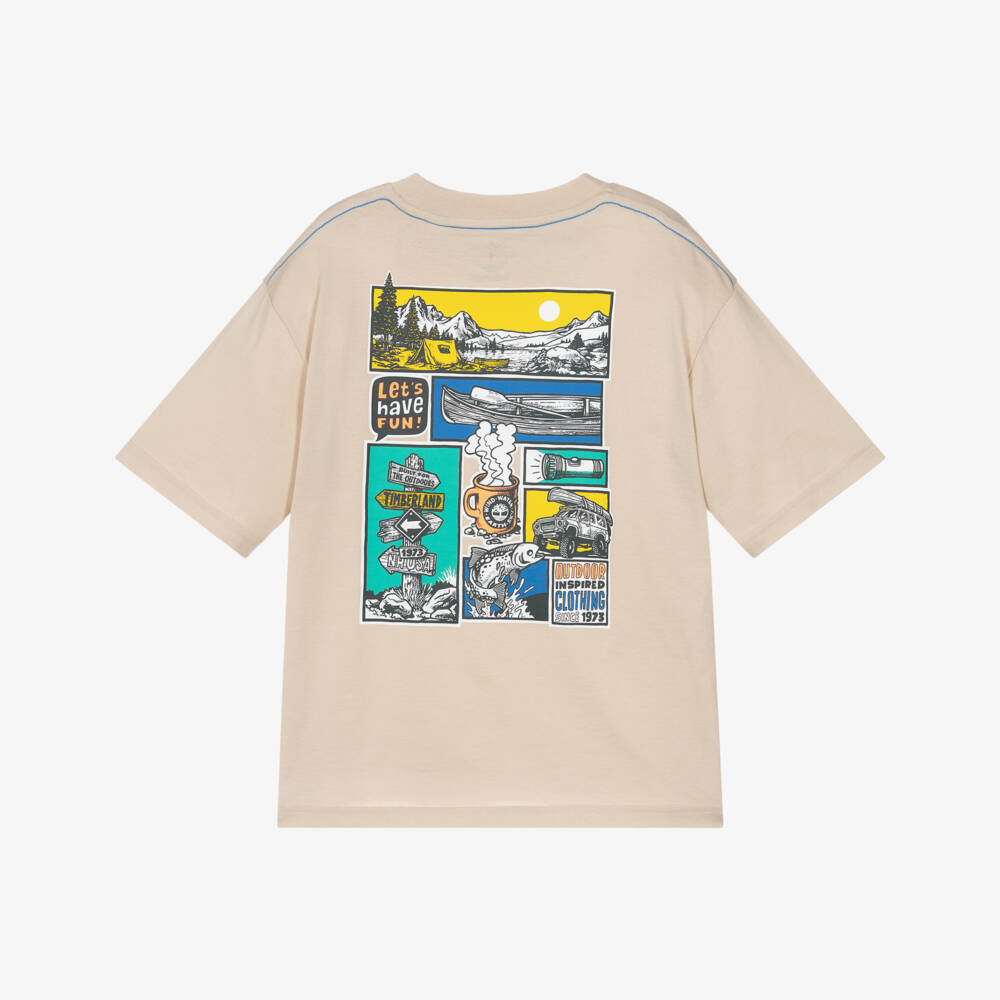 Timberland-Бежевая футболка с графикой на спине для мальчиков | Childrensalon Outlet