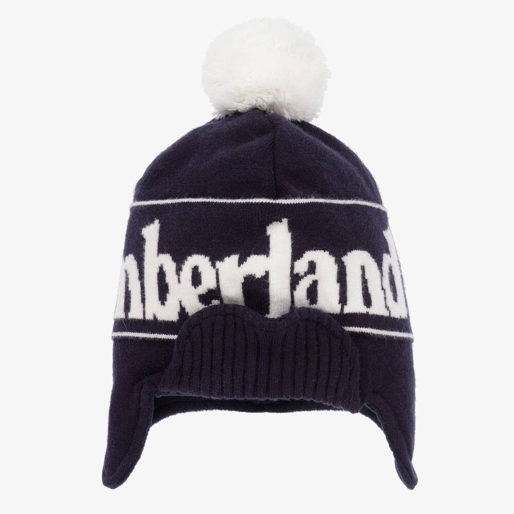 Timberland - Bonnet bleu en maille à pompon | Childrensalon