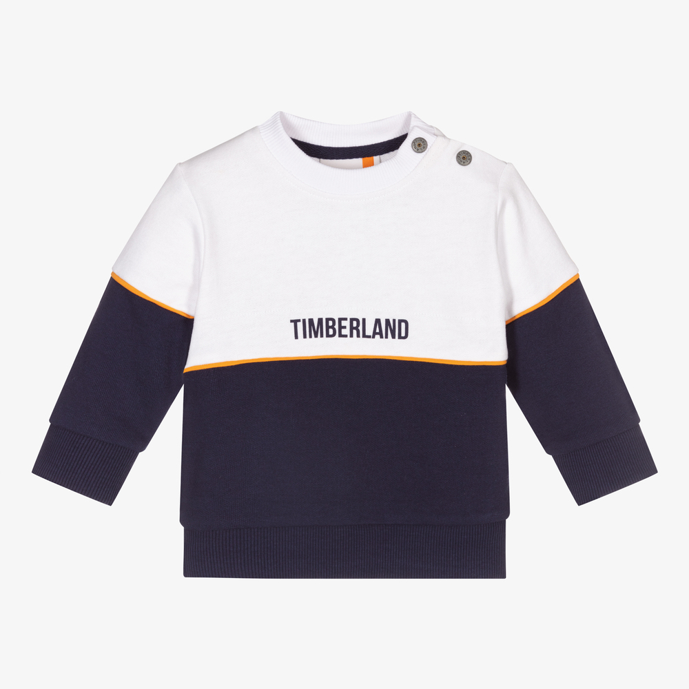 Timberland - سويتشيرت أطفال ولادي قطن عضوي جيرسي لون كحلي وأبيض | Childrensalon