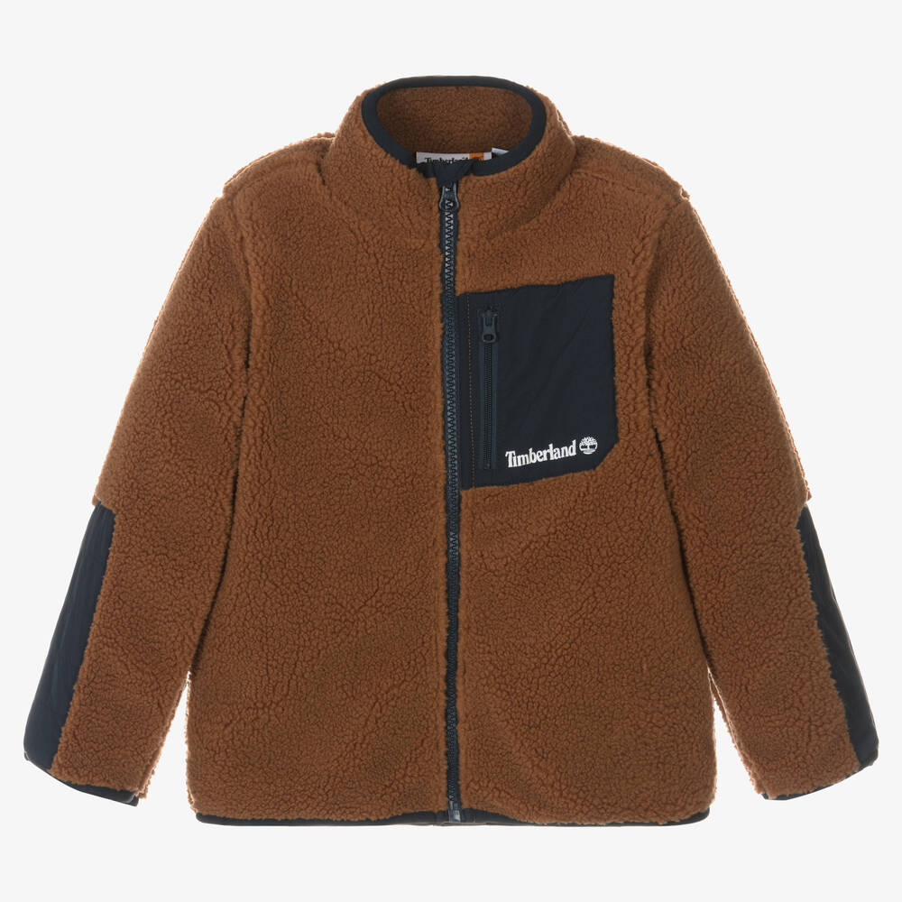 Timberland - Boys Brown Teddy Fleece Zip-Up Top | Childrensalon