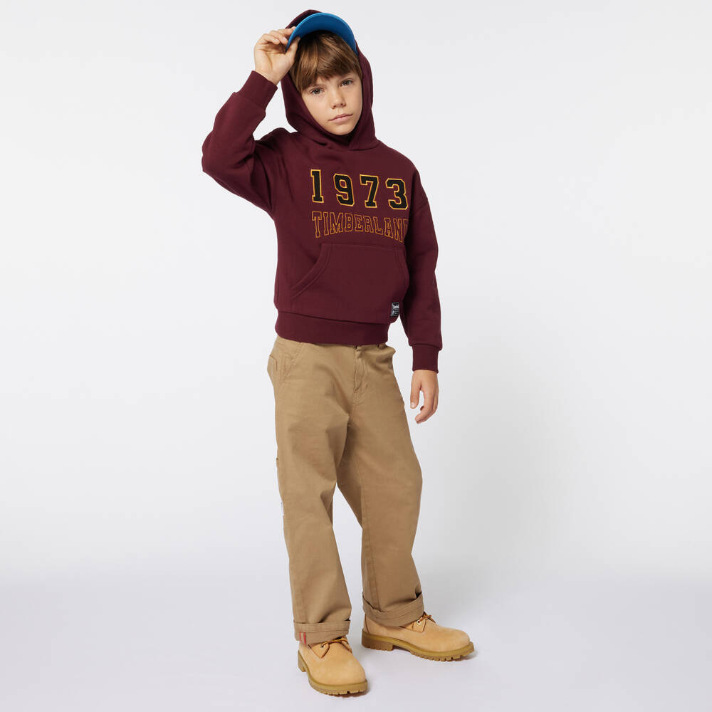 Timberland-Boys Burgundy Cotton Logo Hoodie | Childrensalon Outlet
