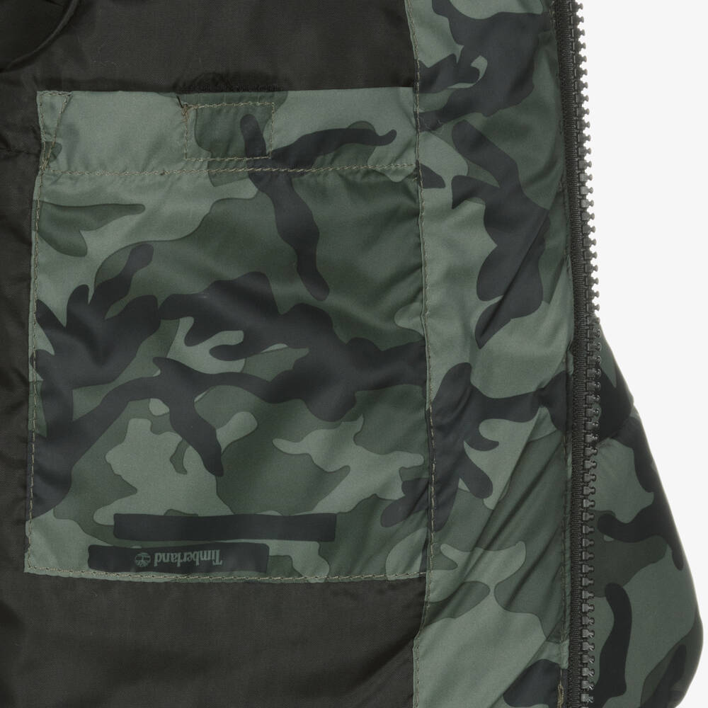 Timberland-Зеленый пуховик с камуфляжным принтом | Childrensalon Outlet