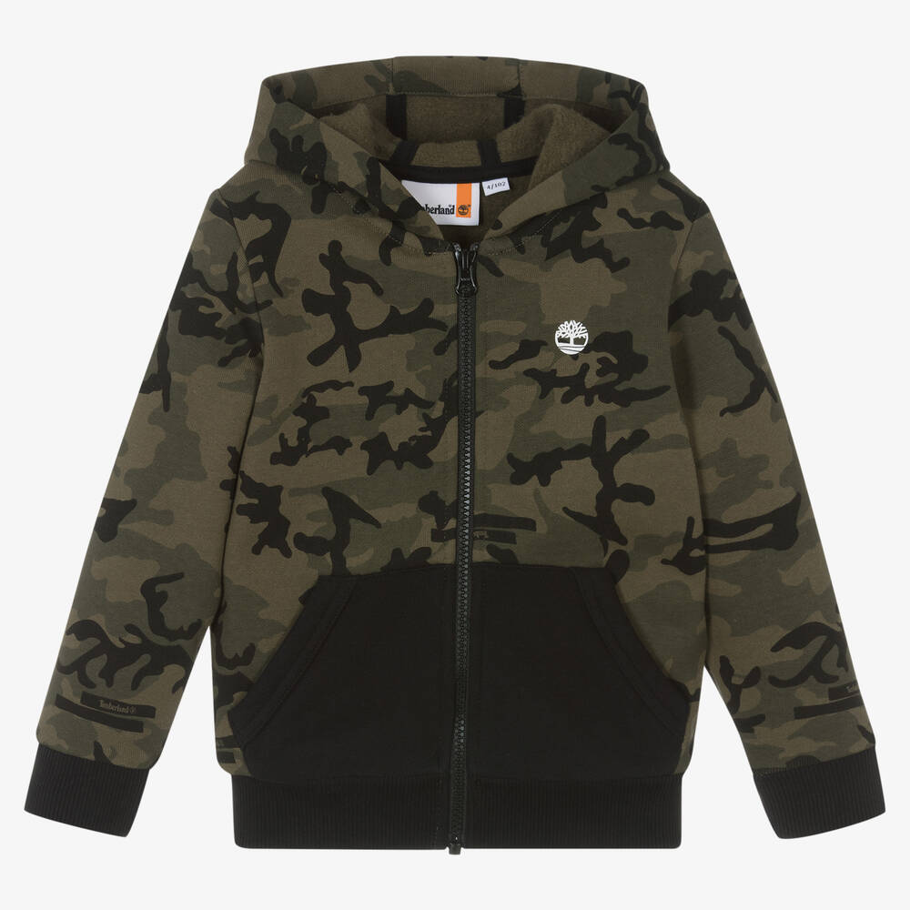 Timberland - Boys Green Camouflage Zip-Up Hoodie | Childrensalon