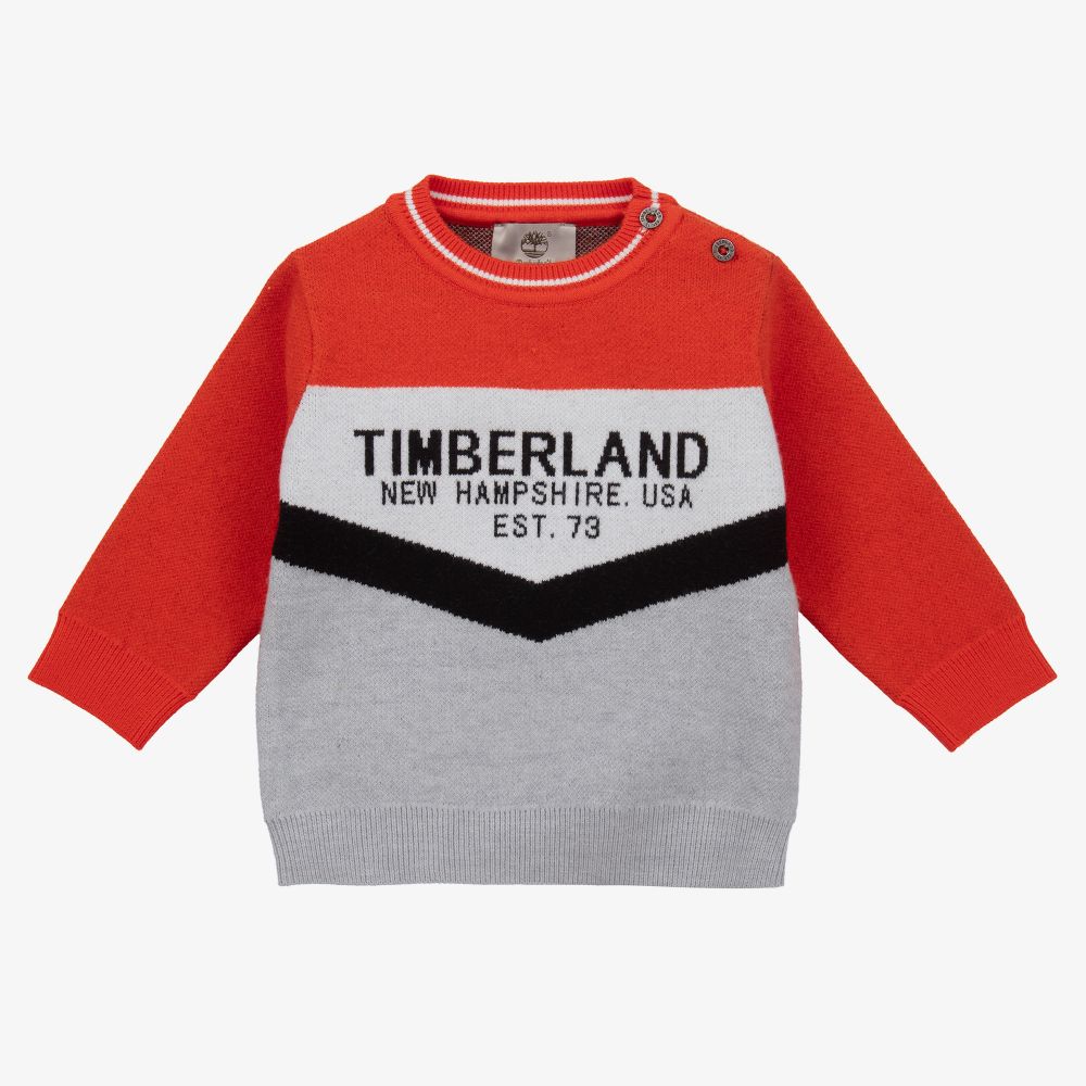 Timberland - كنزة فيسكوز محبوك لون رمادي وبرتقالي للأولاد | Childrensalon