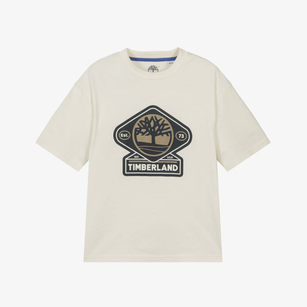 Timberland-Boys Ivory Cotton T-Shirt with Printed Logo | Childrensalon Outlet