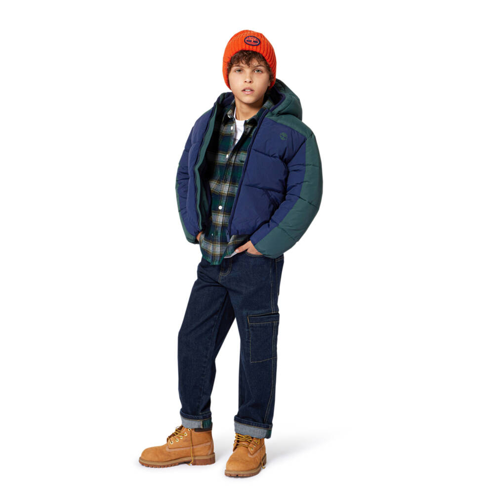 Timberland-Boys Navy Blue & Green Colourblock Puffer Jacket with Hood | Childrensalon Outlet