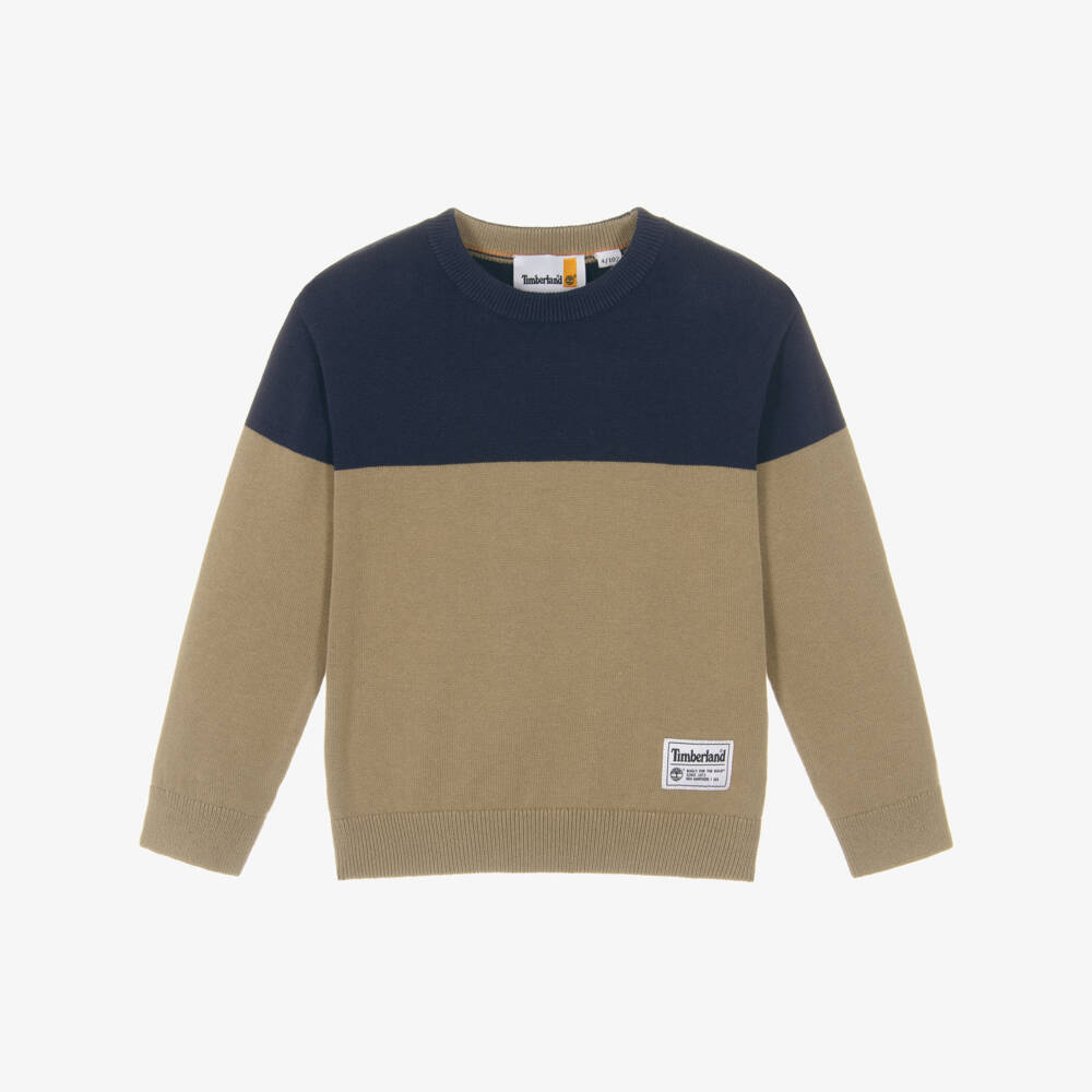 Timberland-Boys Navy Blue & Khaki Beige Cotton Knit Sweater | Childrensalon Outlet