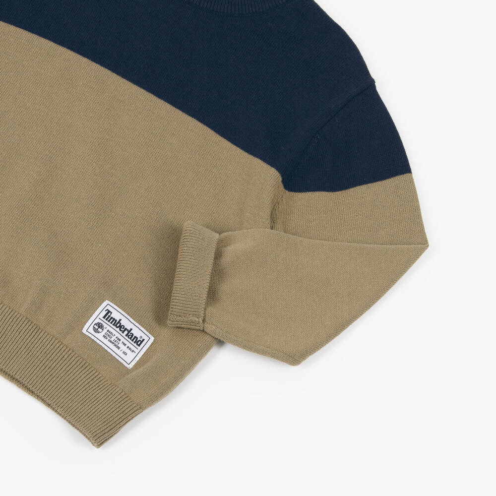 Timberland-Boys Navy Blue & Khaki Beige Cotton Knit Sweater | Childrensalon Outlet