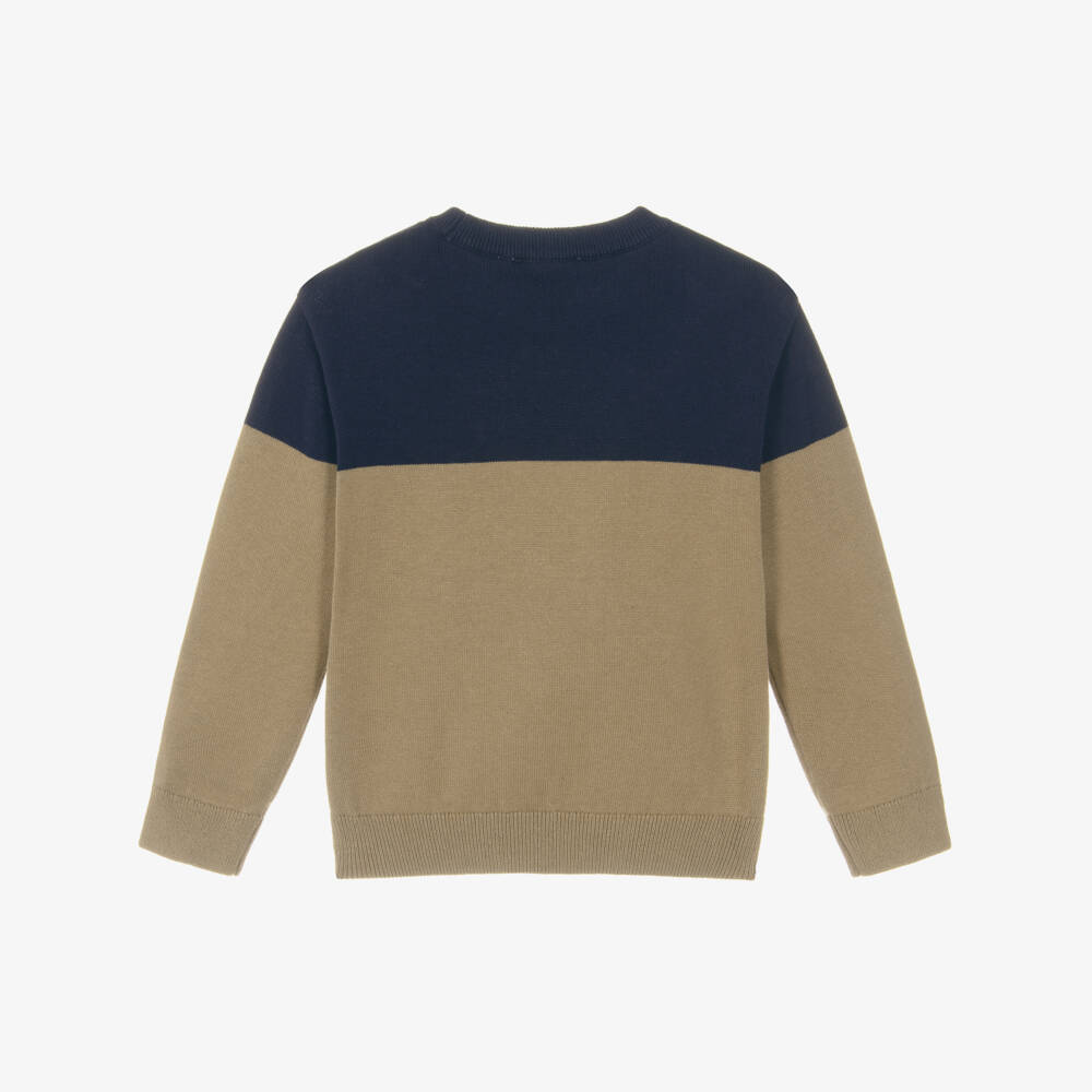 Timberland-Boys Navy Blue & Khaki Beige Cotton Knit Sweater | Childrensalon Outlet