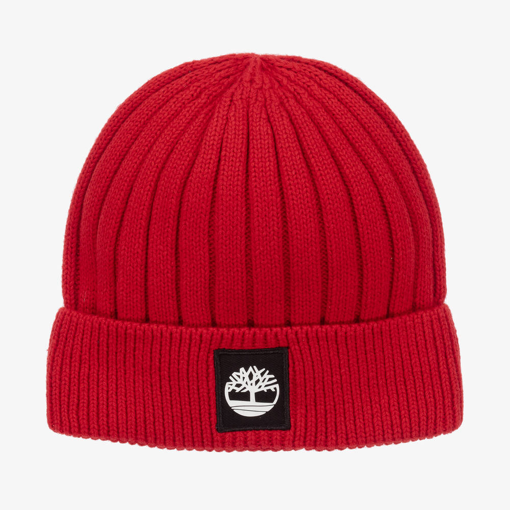 Timberland - قبعة بيني قطن محبوك لون أحمر للأولاد | Childrensalon