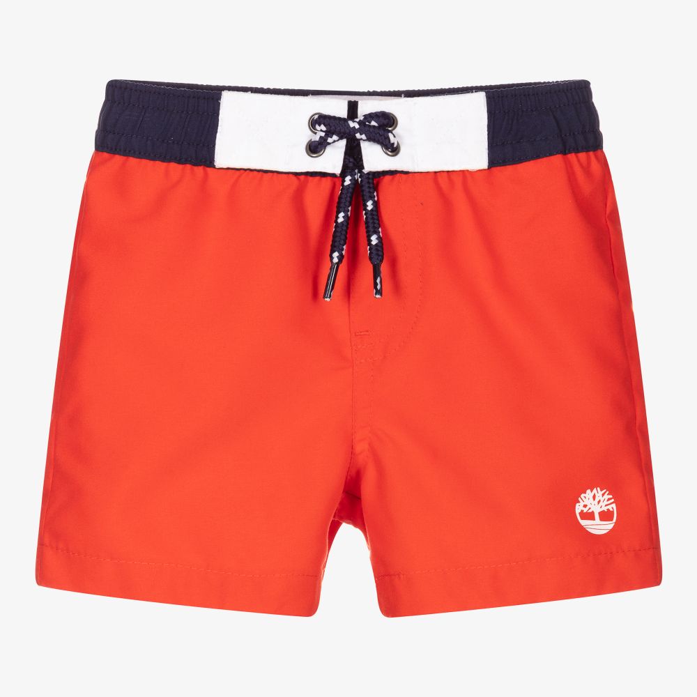 Timberland - Boys Red Logo Swim Shorts | Childrensalon