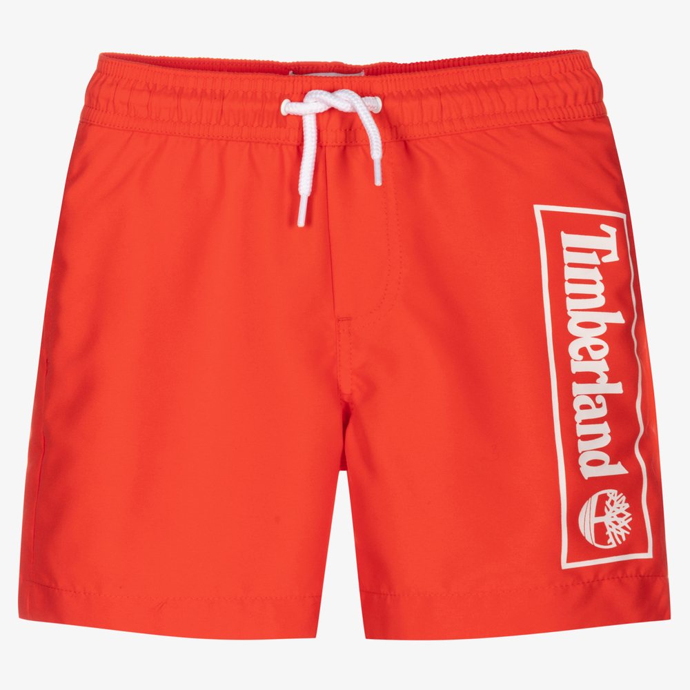 Timberland - Boys Red Logo Swim Shorts | Childrensalon
